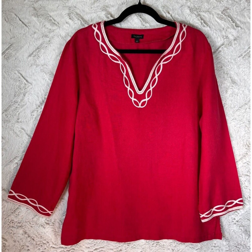 Talbots Blouse Large Long Sleeve 100% Linen Popover Red Coastal‎ Boho Beach